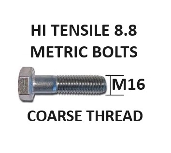 16mm Diameter Class 8.8 Hex Head High Tensile Bolts Zinc Plated. Select Length